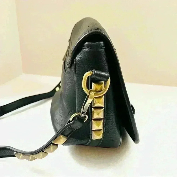 MMS Black Faux Leather w/ Gold Studded Hardware Adjustable Strap Crossbody Bag - Picture 3 of 15